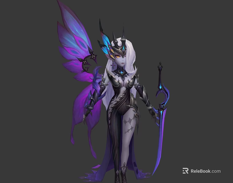 Female Fantasy Character With Purple Blue Butterfly Wings And Horned Headdress Holding Sword 3d model 