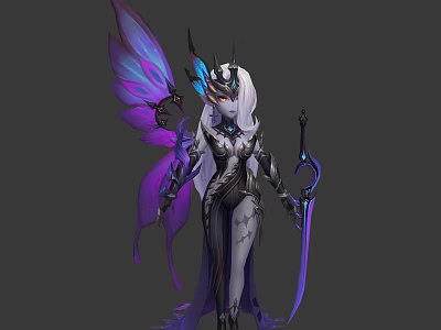 Female Fantasy Character With Purple Blue Butterfly Wings And Horned Headdress Holding Sword 3d model