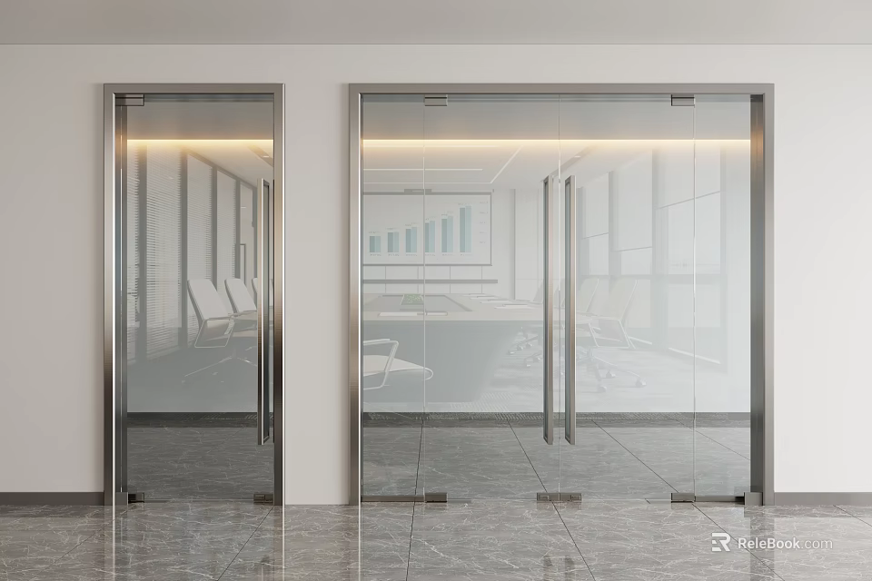 Modern Glass Double Doors With Stainless Steel Frame And Marble Floor In Office Interior 3d model 