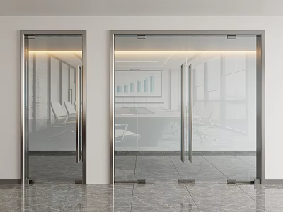 Modern Glass Double Doors With Stainless Steel Frame And Marble Floor In Office Interior 3d model