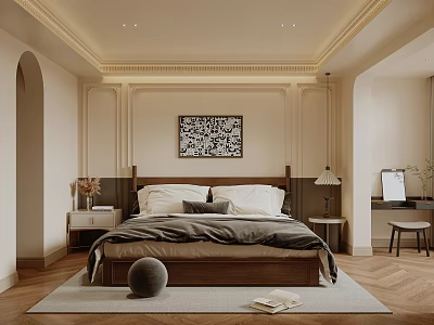 Cozy Bedroom Interior Featuring Wooden Bed Brown Headboard White Pillows Gray Blanket And Herringbone Floor 3d model