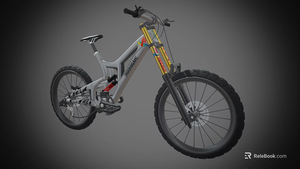 RockShox Silver Gray Mountain Bike With Yellow Fork Large Wheels And Colorful Details 3d model 