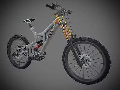 RockShox Silver Gray Mountain Bike With Yellow Fork Large Wheels And Colorful Details 3d model