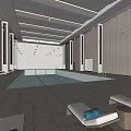 Spacious Indoor Swimming Pool Interior With Lane Lines Ceiling Lighting And Smooth Wall Design