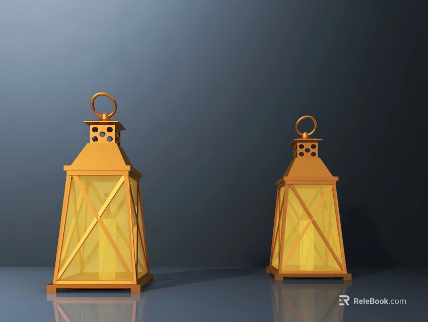 Two Golden Lanterns with Handle Yellow Glass Shade Square Structure and Base on Gray Background 3d model