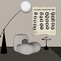 Modern White Single Sofa With Black Floor Lamp Small Round Table And Circular Pattern Poster 3d model
