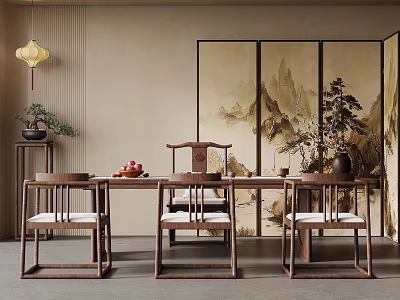 Chinese Style Dining Room With Long Wooden Table Four Chairs Red Fruits And Landscape Screen 3d model
