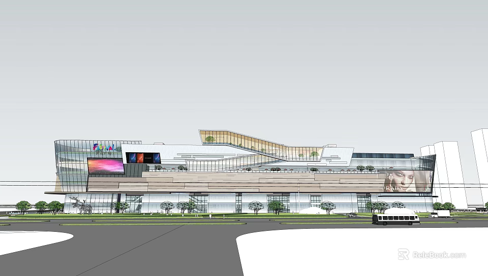 Modern Commercial Complex Featuring Glass Facade Multi Level Retail And Landscaped Plaza 3d model 