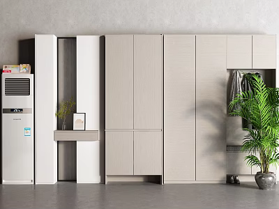 Modern White Shoe Cabinet With Sleek Design Storage Space Clothing Hanging Area And Green Plant 3d model
