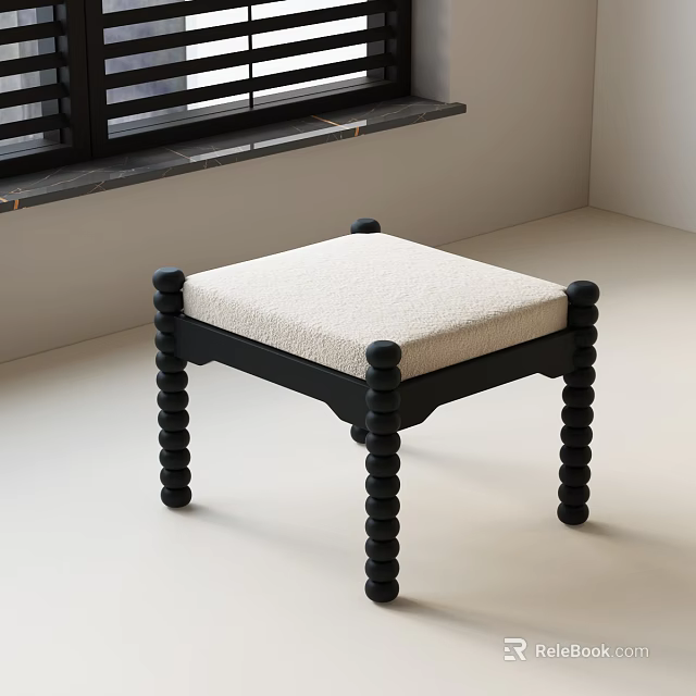 Modern Stool With Black Knobbed Legs And Beige Padded Seat On White Floor 3d model 