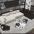 Modern Beige Fabric Black Leather Sectional Sofa Round Marble Coffee Table Set