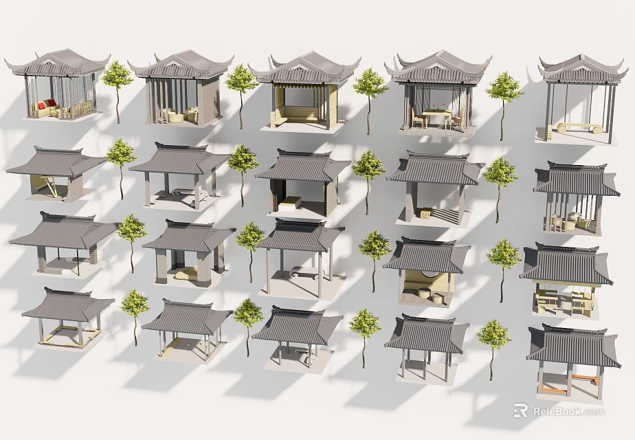 Traditional Chinese Style Pavilions 3D Models Collection With Neatly Arranged Small Trees 3d model 