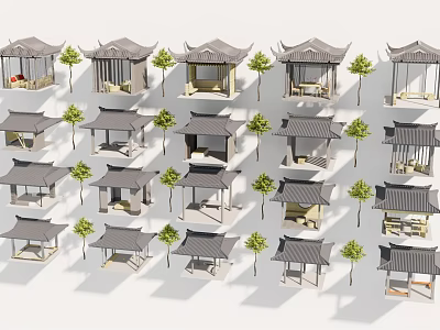 Traditional Chinese Style Pavilions 3D Models Collection With Neatly Arranged Small Trees 3d model