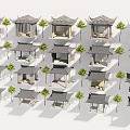 Traditional Chinese Style Pavilions 3D Models Collection With Neatly Arranged Small Trees
