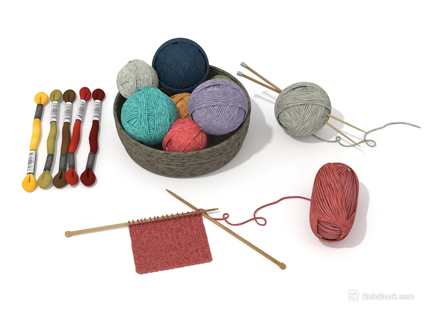 Colorful Yarn Balls In Basket With Knitting Needles And Knitted Piece 3d model 