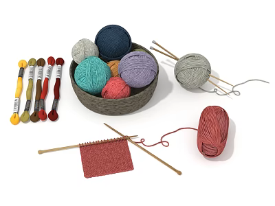 Colorful Yarn Balls In Basket With Knitting Needles And Knitted Piece 3d model