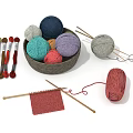 Colorful Yarn Balls In Basket With Knitting Needles And Knitted Piece