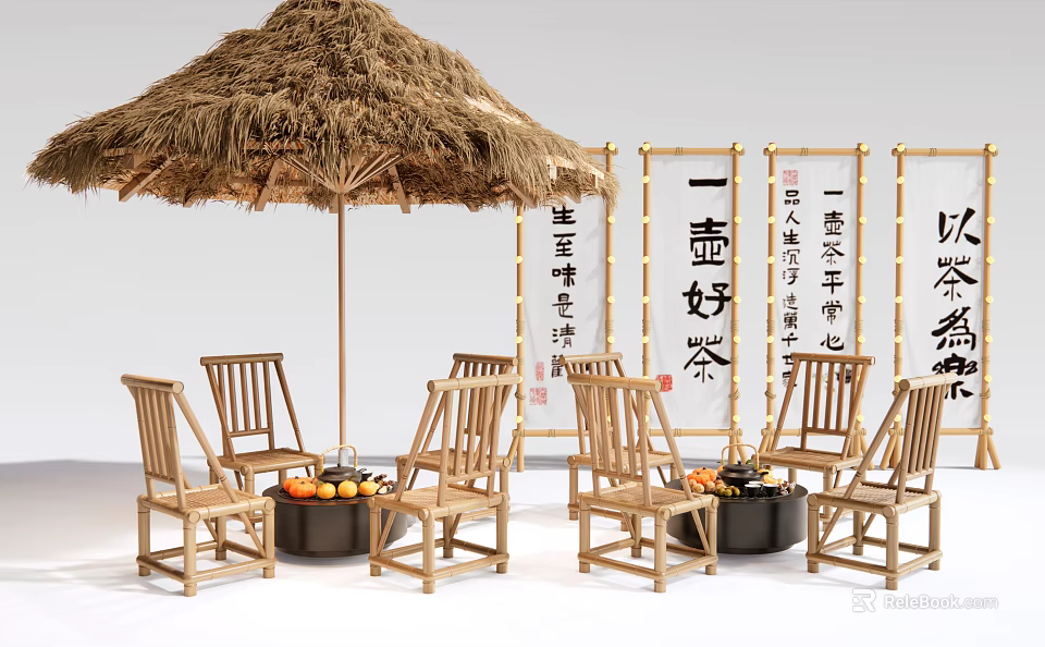 Wooden Outdoor Chairs With Straw Umbrella Black Round Tables And Calligraphy Scrolls 3d model 