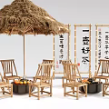 Wooden Outdoor Chairs With Straw Umbrella Black Round Tables And Calligraphy Scrolls
