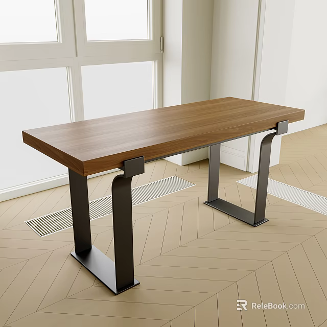 Modern Wooden Desk With Black Metal Legs In Bright Room Setting 3d model 