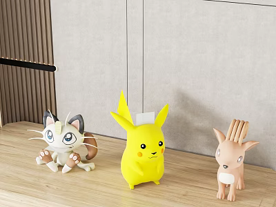 Cute Pokémon Plush Toys For Home Decor On Wooden Surface 3d model