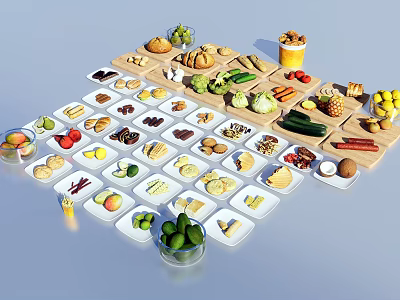 Assorted Fresh Foods With Fruits Vegetables Breads Nuts Drinks On White Plates And Wooden Boards 3d model