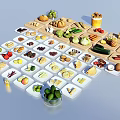 Assorted Fresh Foods With Fruits Vegetables Breads Nuts Drinks On White Plates And Wooden Boards