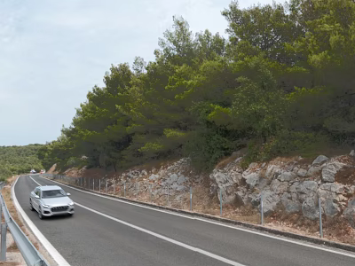 White Car Driving On Road With Green Trees And Rocks 3d model