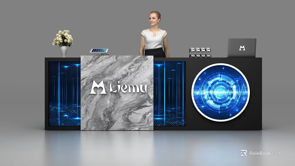 Modern Marble Reception Desk With Liemu Logo Blue Illuminated Screen Flower Vase Tablet And Laptop 3d model 