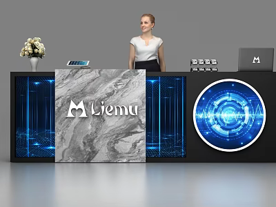 Modern Marble Reception Desk With Liemu Logo Blue Illuminated Screen Flower Vase Tablet And Laptop 3d model
