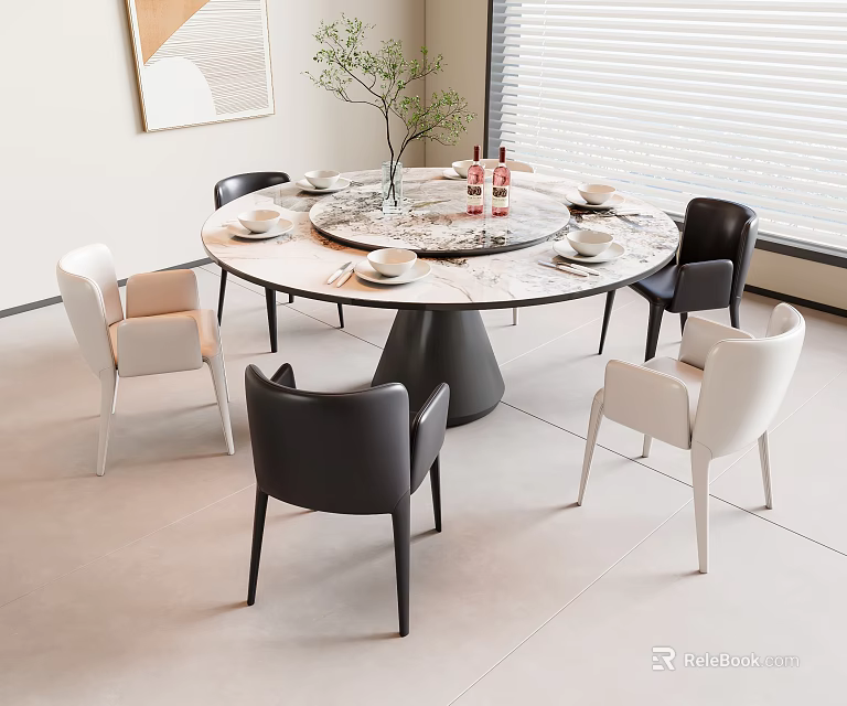 Modern Round Dining Table with Marble Top and Black White Chairs Set in Interior 3d model 