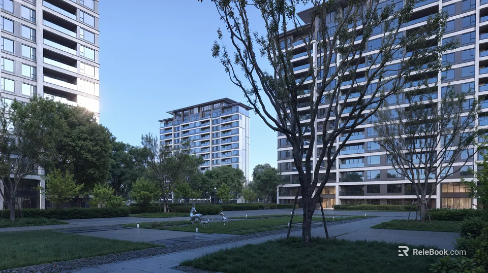 Modern Multi-story Residential Building Exterior With Trees Lawn And Open Green Space 3d model 