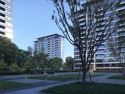 Modern Multi-story Residential Building Exterior With Trees Lawn And Open Green Space 3d model