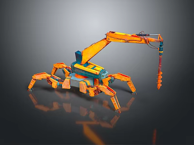 Orange Mechanical Spider Robot With Multiple Legs Metallic Arm And Drill Bit On Reflective Surface 3d model