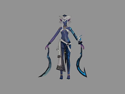Game and Movie Character With Blue Purple Futuristic Outfit White Headdress And Dual Curved Blades 3d model