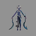 Game and Movie Character With Blue Purple Futuristic Outfit White Headdress And Dual Curved Blades