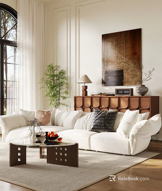 White Sectional Sofa In Bright Living Room With Throw Pillows Coffee Table And Green Plant 3d model 
