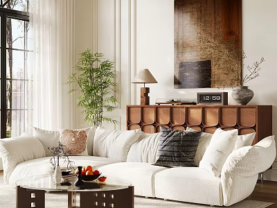White Sectional Sofa In Bright Living Room With Throw Pillows Coffee Table And Green Plant 3d model