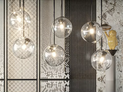 Modern Transparent Glass Ball Pendant Lights With Illuminated Glow And Grid Screen Wall Decor 3d model