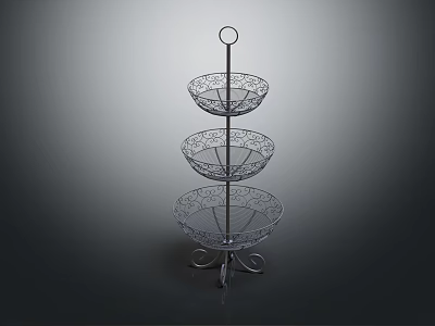 Three Tiered Metal Fruit Basket Stand with Intricate Design for Home Decor 3d model