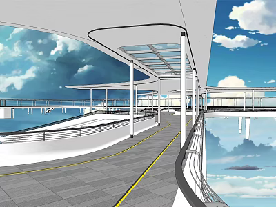 Modern Garden Landscape Design With Curved Walkway Glass Roof And Water Pool 3d model