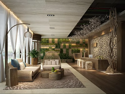 Modern Shop Front Desk Space With Wooden Ceiling Green Plant Wall Rattan Sofa And Pendant Light 3d model