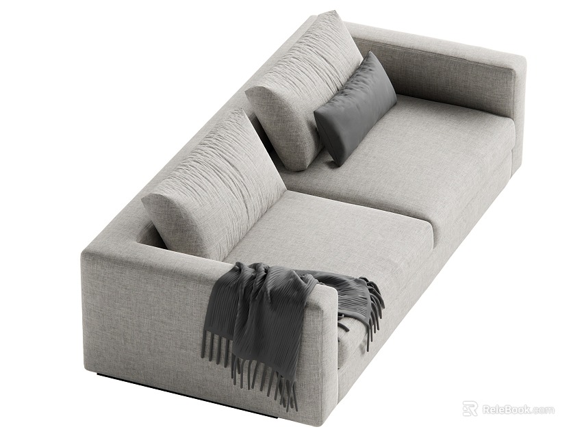 Light Gray Fabric Two Seater Sofa With Soft Pillows And Blanket On Armrest 3d model 