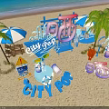 City Pop Themed Beach Setup With Palm Trees Colorful Decorations And Umbrellas