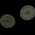 Ancient Chinese Bronze Mirror With Central Knob Round Shape Bagua Symbols And Character Inscriptions