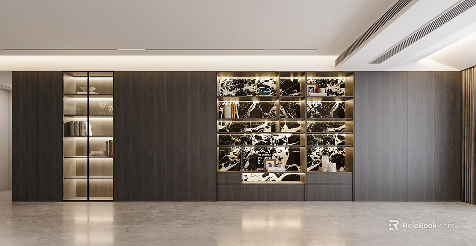 Stylish Modern Wooden Bookcase with Glass Doors Layered Design and Lighting 3d model 