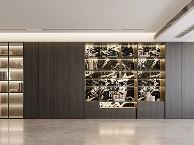 Stylish Modern Wooden Bookcase with Glass Doors Layered Design and Lighting 3d model