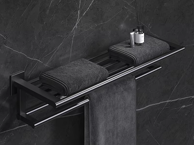 Wall Mounted Metal Bathroom Shelf with Grey Towels and Toiletries on Dark Marble Wall 3d model