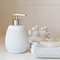 Minimalist White Bathroom Essentials With Toothbrush Holder Soap Dispenser Towel Soap Bar And Coral Decoration