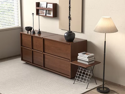 Modern Wooden Chest of Drawers with Side Table Books Floor Lamp Window Blinds and Rug 3d model
